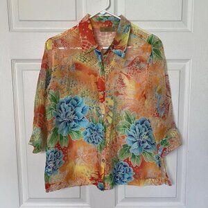 Valerie Stevens Women’s Size Medium Colorful Sheer Button Floral Top Blouse